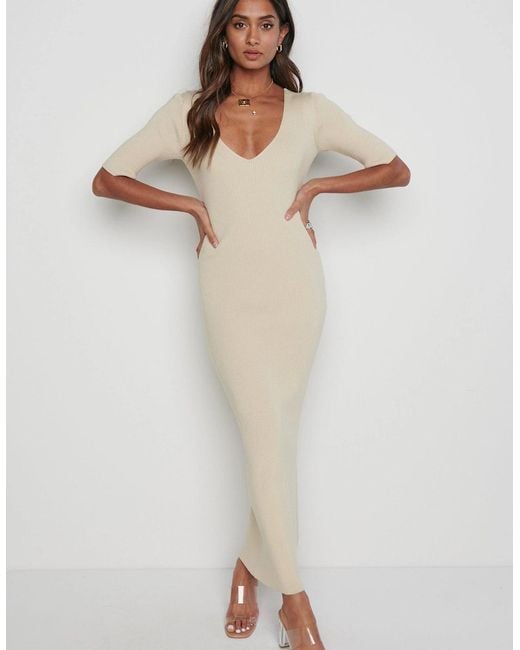 Pretty Lavish Natural Lara Ribbed Midi Dress