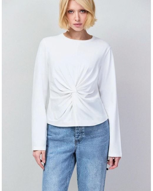 Ro&zo White Twist-Front Long-Sleeve Cotton T-Shirt