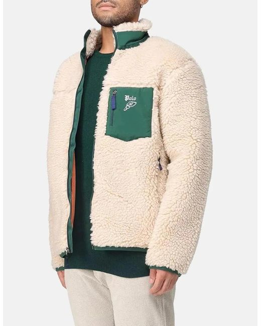 Ralph Lauren Natural Wool Borg Logo Sherpa Zip Through Fleece Ranch Cream for men