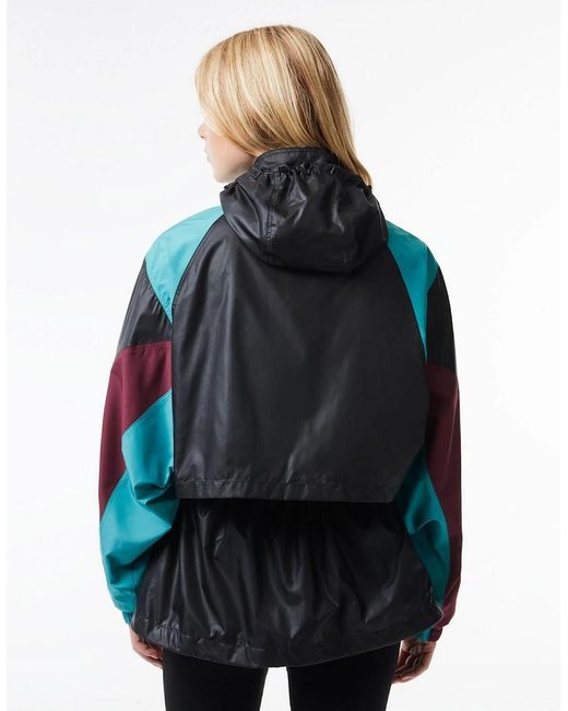 Lacoste Blue Hooded Neck Color Block Patterned Windbreaker With Zipped Pocket
