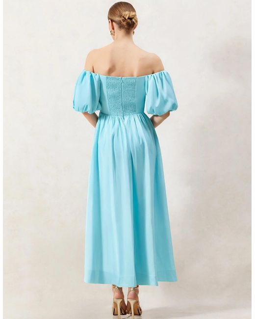 Ro&zo Blue Alba Bardot Puff Sleeve Maxi Dress