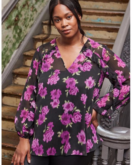 Live Unlimited London Purple Floral Print V Neck Ruffle Blouse