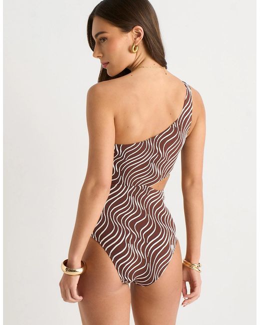 Gini London Brown Wave Print One-Shoulder Cutout Swimsuit