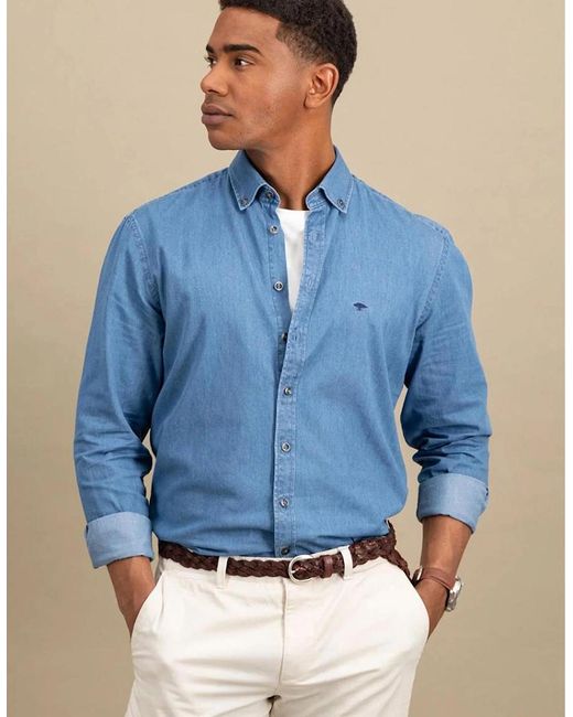 Fynch-Hatton Blue Button Down Denim Shirt Crystal for men