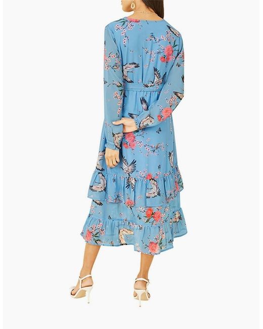 Yumi' Blue Crane Print V-Neck Midi Wrap Dress