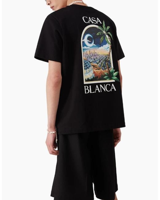 Casablanca Black T Shirts La Night Printed Standard Fit Crew Neck Soft Cotton Tee for men