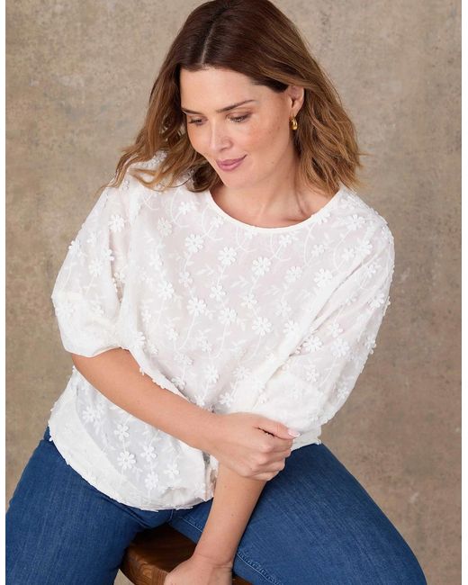 Live Unlimited London White Floral Embroidered Puff Sleeve Blouse