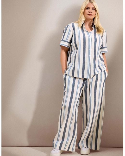 Live Unlimited London Blue Striped Linen Blend Wide Leg Drawstring Trousers