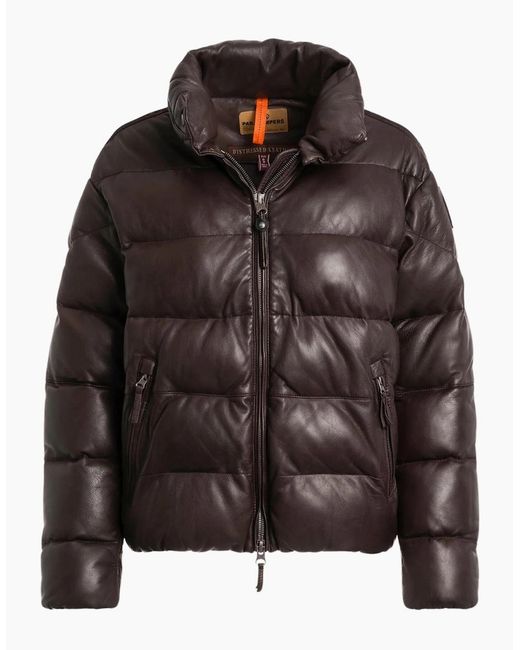 Parajumpers Brown Pia Leather Obsidian Dark Padded Leather Jacket