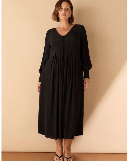 Live Unlimited London Black Lace Up Blouson Sleeve Midi Dress