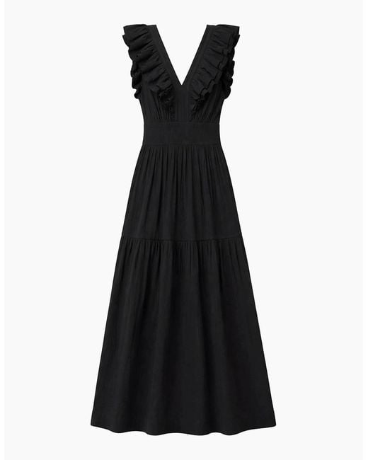 Ro&zo Black Cheesecloth Ruffle V-Neck Midi Dress