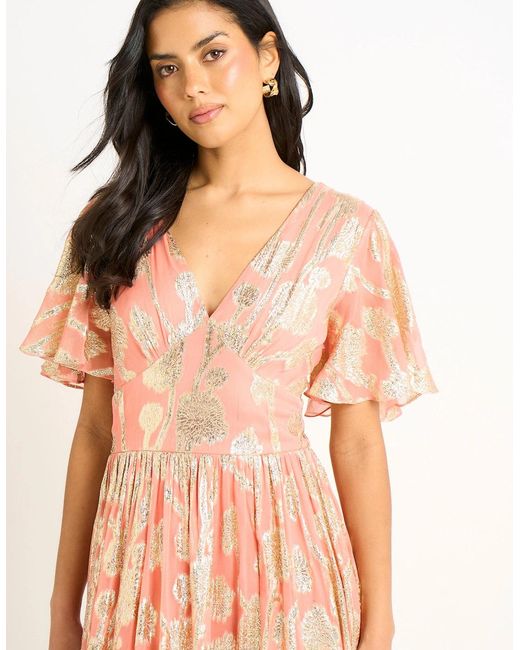Gini London Multicolor Metallic Jacquard Flutter Sleeves Floral Maxi Dress