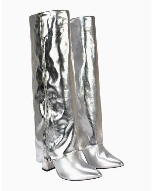 XY London White Ladies Allie Fold Over Metallic Pointed Side Zip Knee-High Boots
