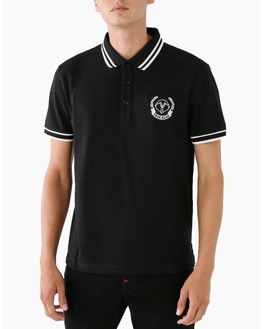 True Religion Black Polo Shirt Relaxed Fit Laurel Buddah Face Pique Polo Shirts for men