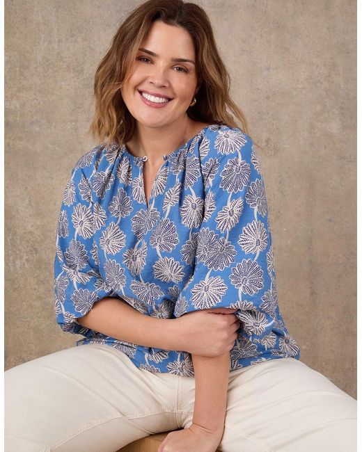 Live Unlimited London Blue Floral Print Raglan Puff Sleeve Blouse