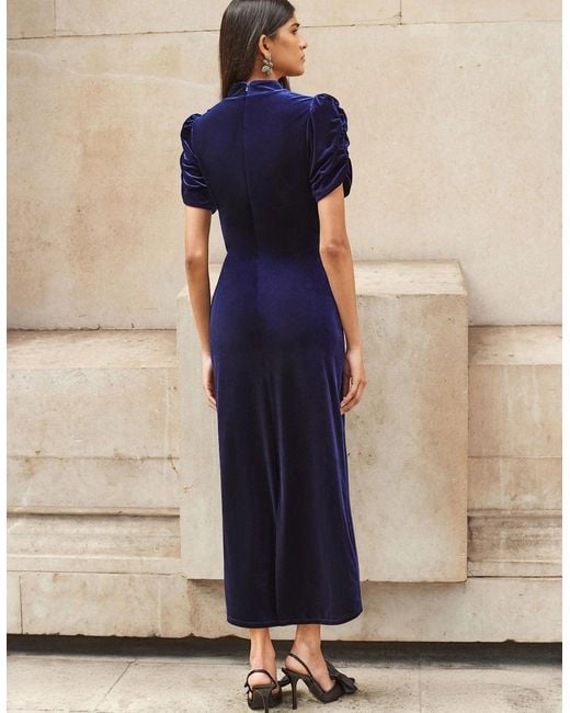 Ro&zo Blue Petite Harriet Velvet Puff Sleeve Dress