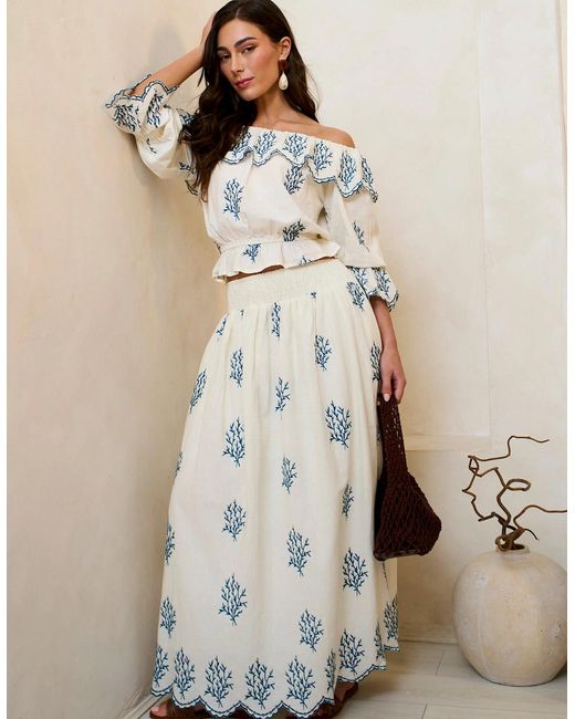 Gini London Natural Marshmallow Cotton Embroidered Skater Maxi Skirt