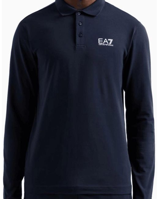 EA7 Blue Long Sleeve Pique Cotton Polo Shirt for men