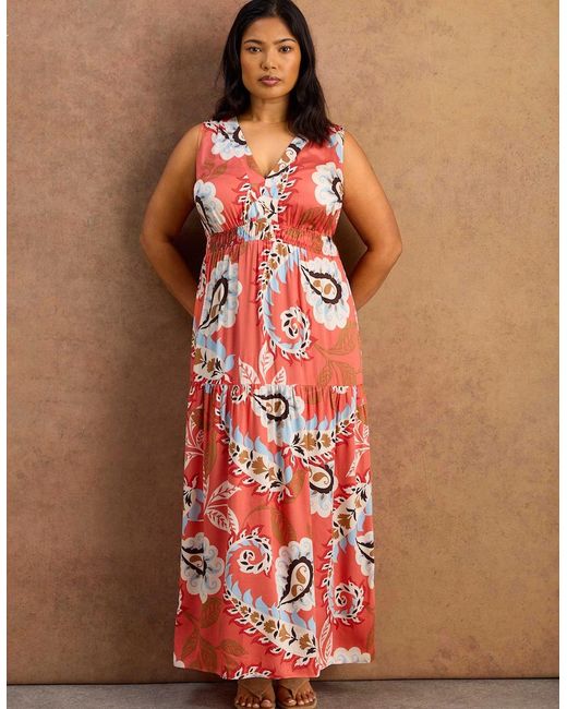 Live Unlimited London Orange Coral Paisley Print Tiered Maxi Dress