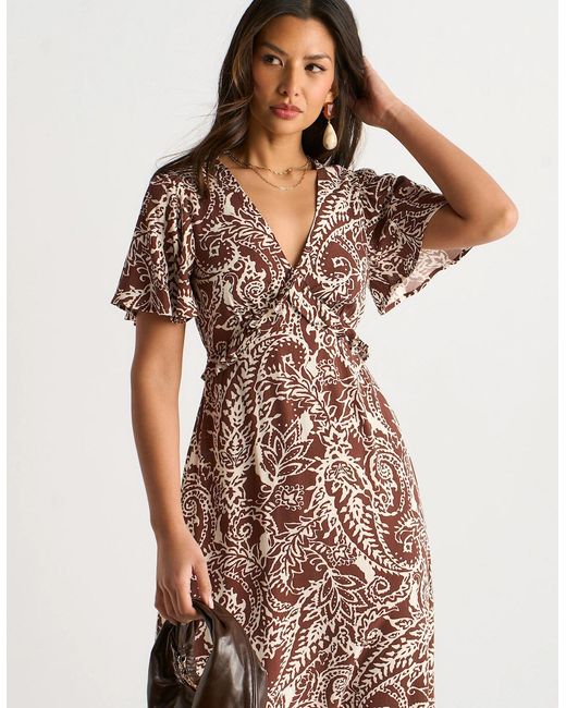 Gini London Brown Chocolate Paisley Print Ruffle Midi Dress