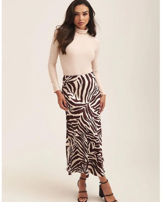 Gini London Natural Chocolate Animal Print Satin Bias Cut Midi Skirt