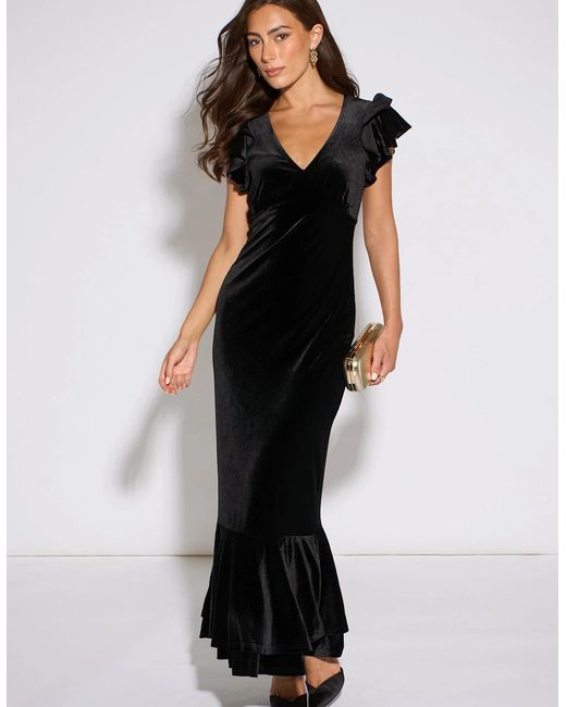 Gini London Black V Neck Ruffle Sleeves Velvet Occasion Maxi Dress