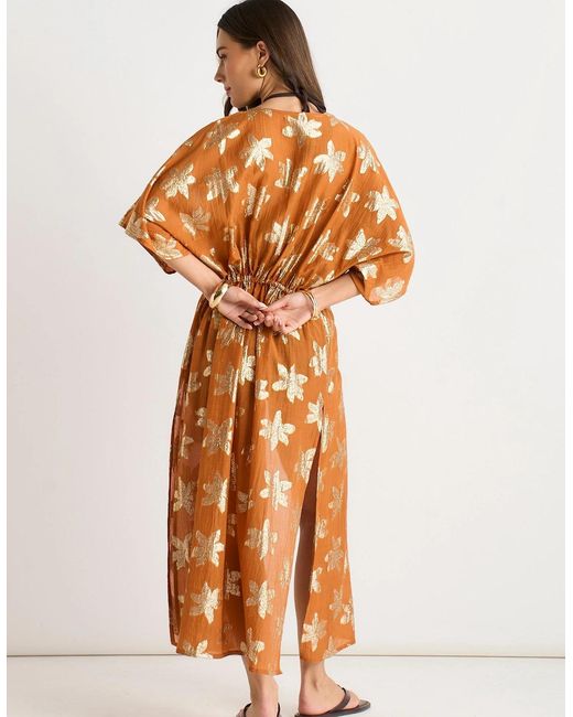 Gini London Orange Floral Lurex Tie Front Kaftan Kimono