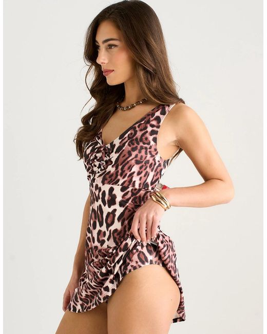 Gini London Multicolor Leopard Print Tie Front Skirted Swimsuit