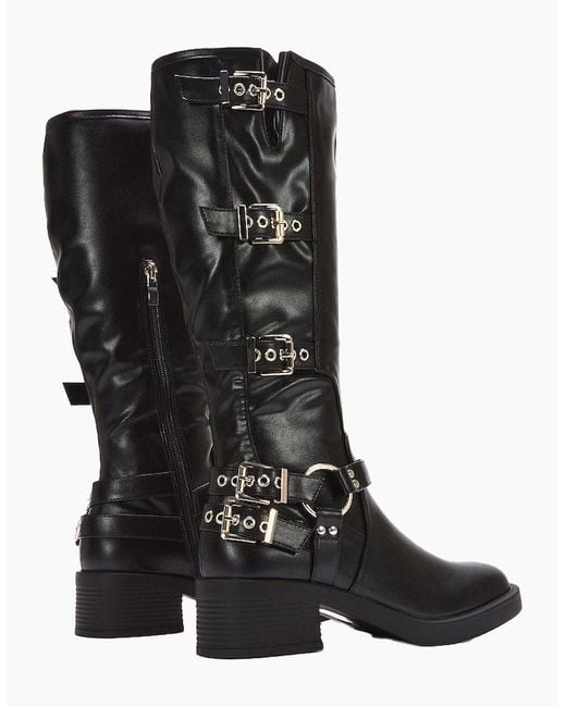 XY London Black Ladies Cobra Square Toe Mid Block Heel Biker Boots