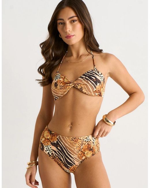 Gini London Natural Animal Floral Print Twist Front Bikini Top