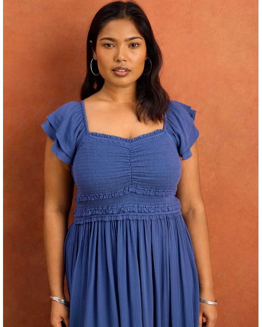 Live Unlimited London Blue Smocked Crinkle Flutter Sleeve Midaxi Dress