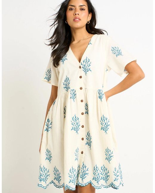 Gini London Natural Marshmallow Cotton Embroidered Smock Mini Dress