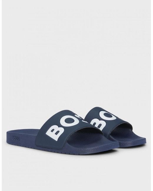 Boss Blue Boss Aryeh Italian-Made Slides With Large Logo Detail Nos for men