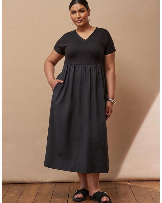 Live Unlimited London Black Jersey Woven Mix T-Shirt Dress