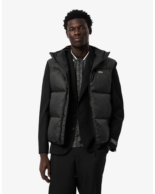 Lacoste Black Solid Patterned Embossed Logo Hooded Puffer Coat for men