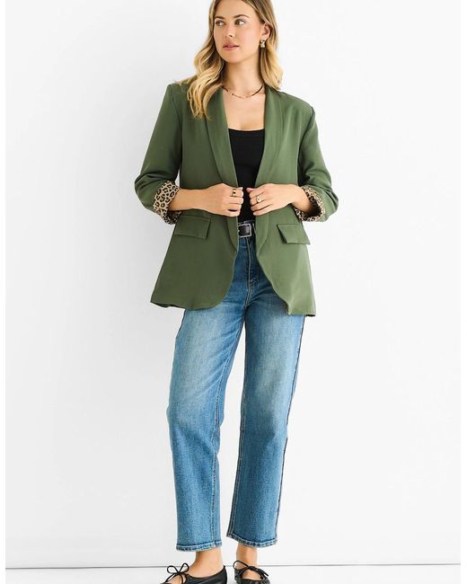 Gini London Green Khaki Contrast Animal Edge To Edge Blazer