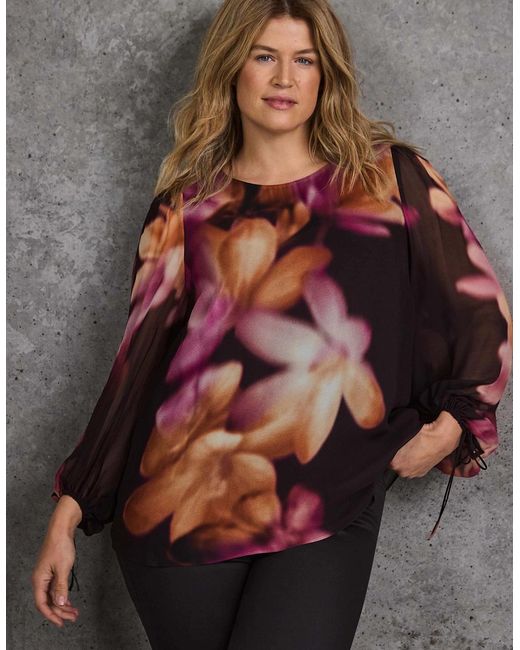 Live Unlimited London Brown Floral Placement Print Tie Sleeve Top