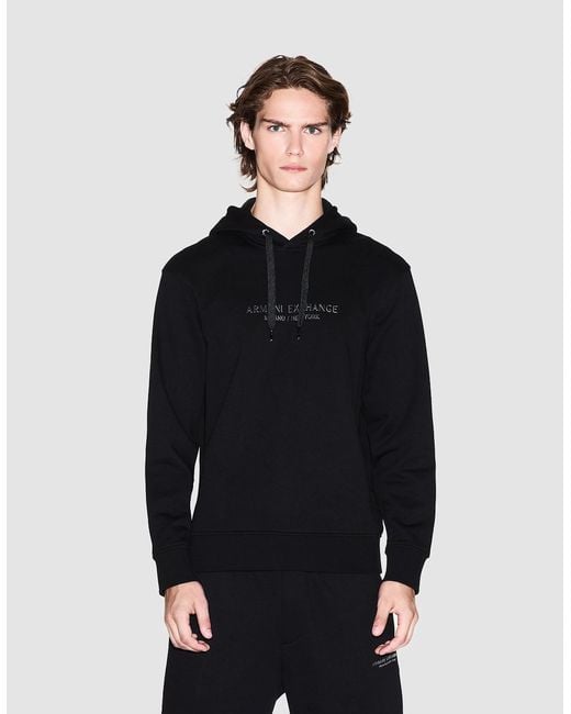 ARMANI EXCHANGE Black Pullover Hoodie With Tonal Milano/New York Logo for men