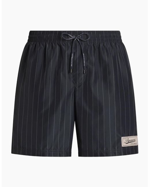Dolce & Gabbana Gray Paparazzi Logo-Patch Pinstripe Swim Shorts