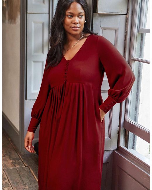 Live Unlimited London Red Dark Lace Up Blouson Sleeve Midi Dress