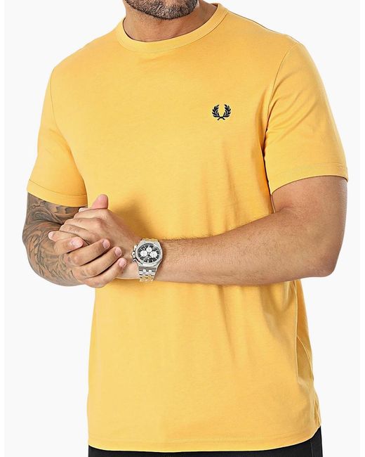 Fred Perry Yellow T Shirt Ringer Crew Neck Short Sleeve Summer Tee for men