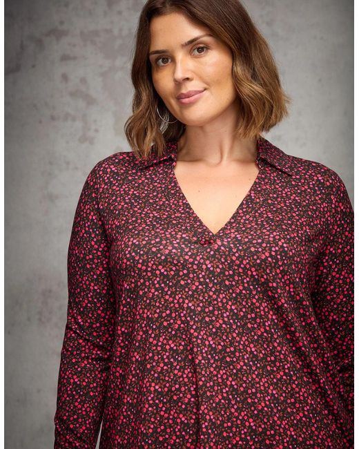 Live Unlimited London Red Ditsy Floral Print Jersey Polo Collar Tunic