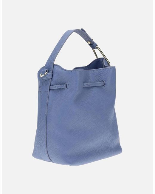 Coccinelle Blue Grained Leather Malory Bucket Bag With Drawstring Closure