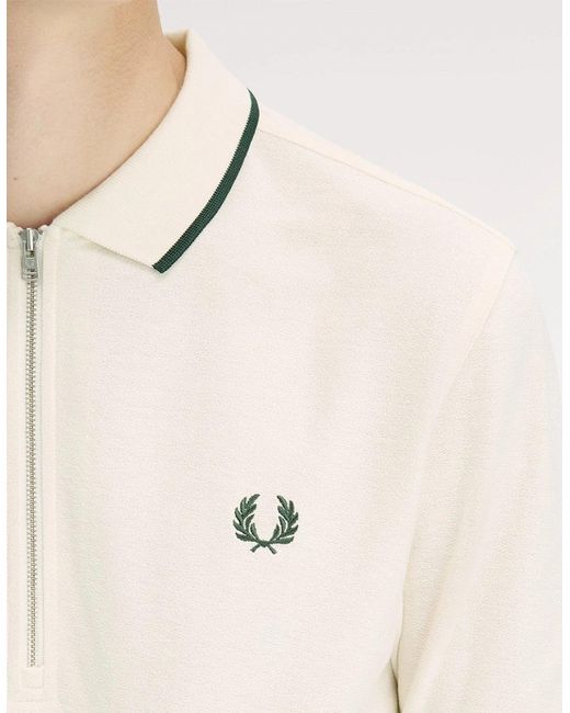 Fred Perry White Crepe Pique Zip Neck Polo Shirt for men