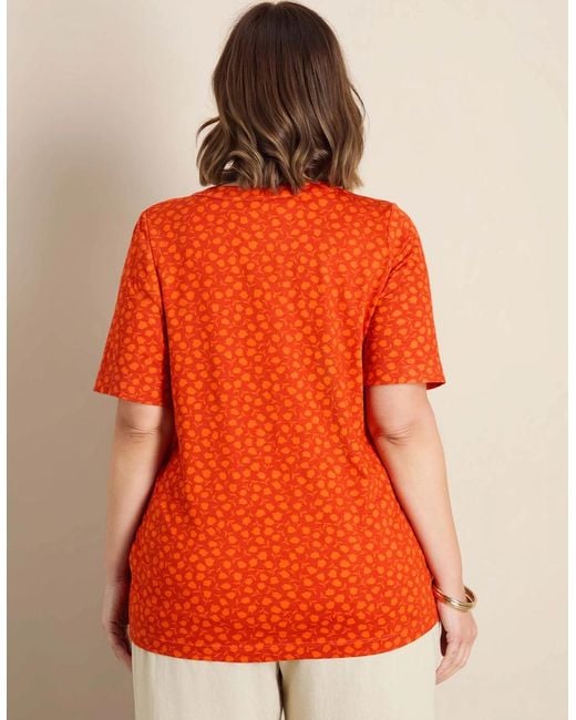Live Unlimited London Red Floral Print Nehru Collar Short Sleeve Jersey Top