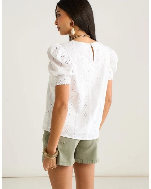 Gini London White Cream Broderie Anglaise Puff Sleeves Top