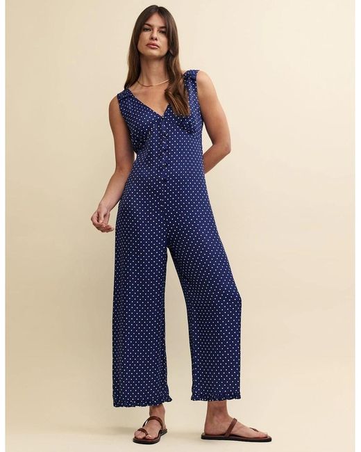 Nobody's Child Blue V-Neck Polka Dot Sleeveless Jumpsuit