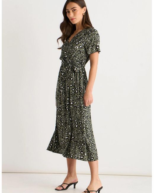 Gini London Green Khaki Viscose Short Sleeve Animal Print Wrap Front Midi Dress