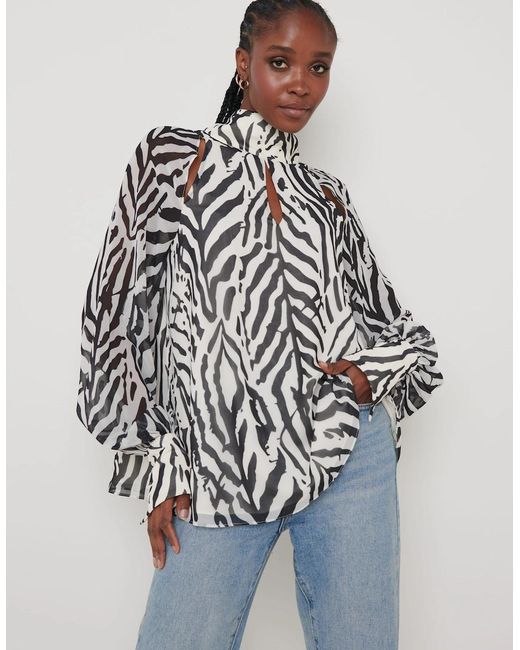 Pretty Lavish Blue Romy Cut Out High Neck Printed Blouse