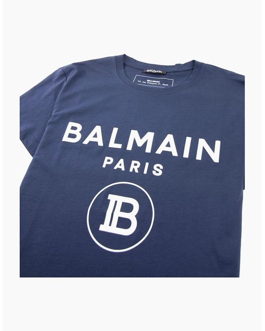 Balmain Blue Printed Velvet Logo T-Shirt for men